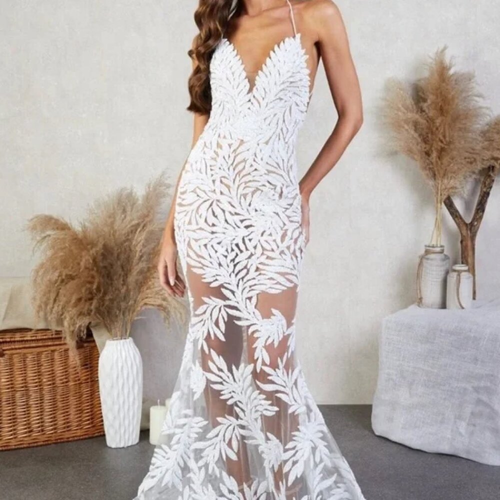 Nadine Merabi Stella White Sequin Mermaid Dress - Size S/M (US 6)